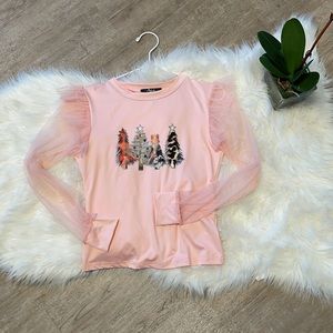 Baby Pink Christmas top w/ see trough long sleeves